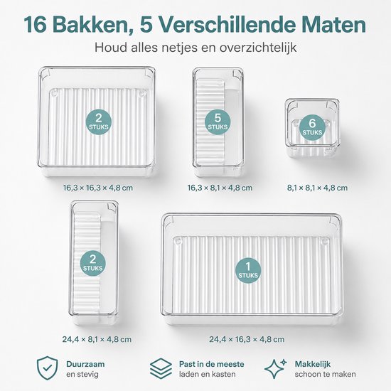 Set van 16 transparante lade-organizers in 5 verschillende maten, met afmetingen en aantallen.