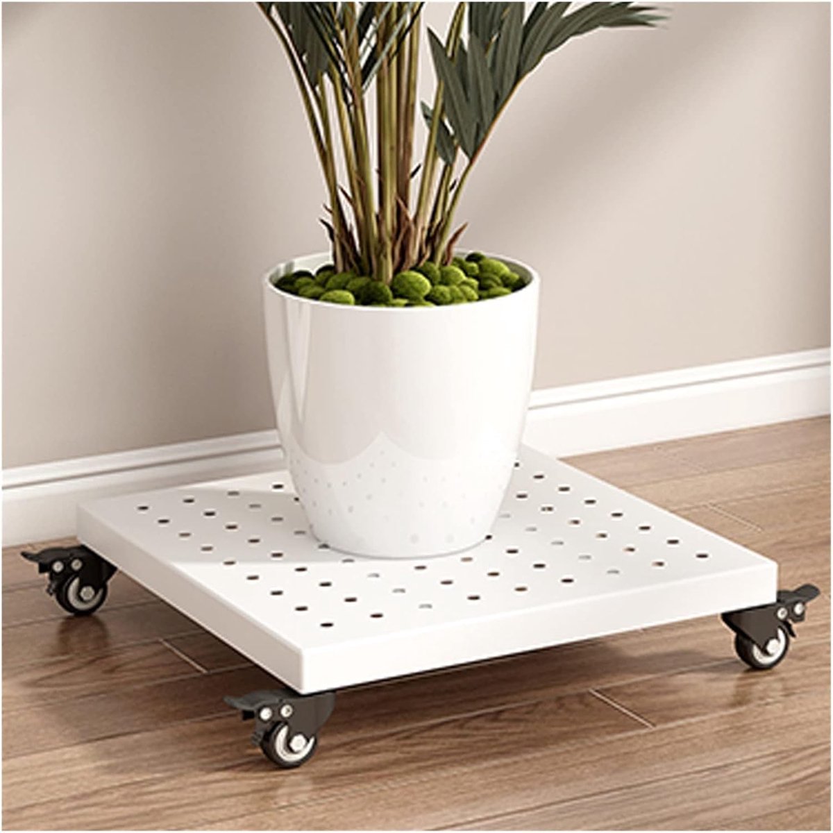 Plantenwagen met wielen - Bloempot standaard - Planten verplaatsen - Stevig metalen frame - 25 cm - Wit