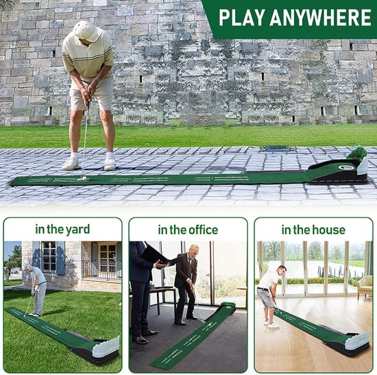 Golf Putting Mat - Oefen Mat - Putting Verbeteren - Automatische Bal Terugkeer - 259 cm Lengte - Groen Zwart van GOLF — afbeelding 5