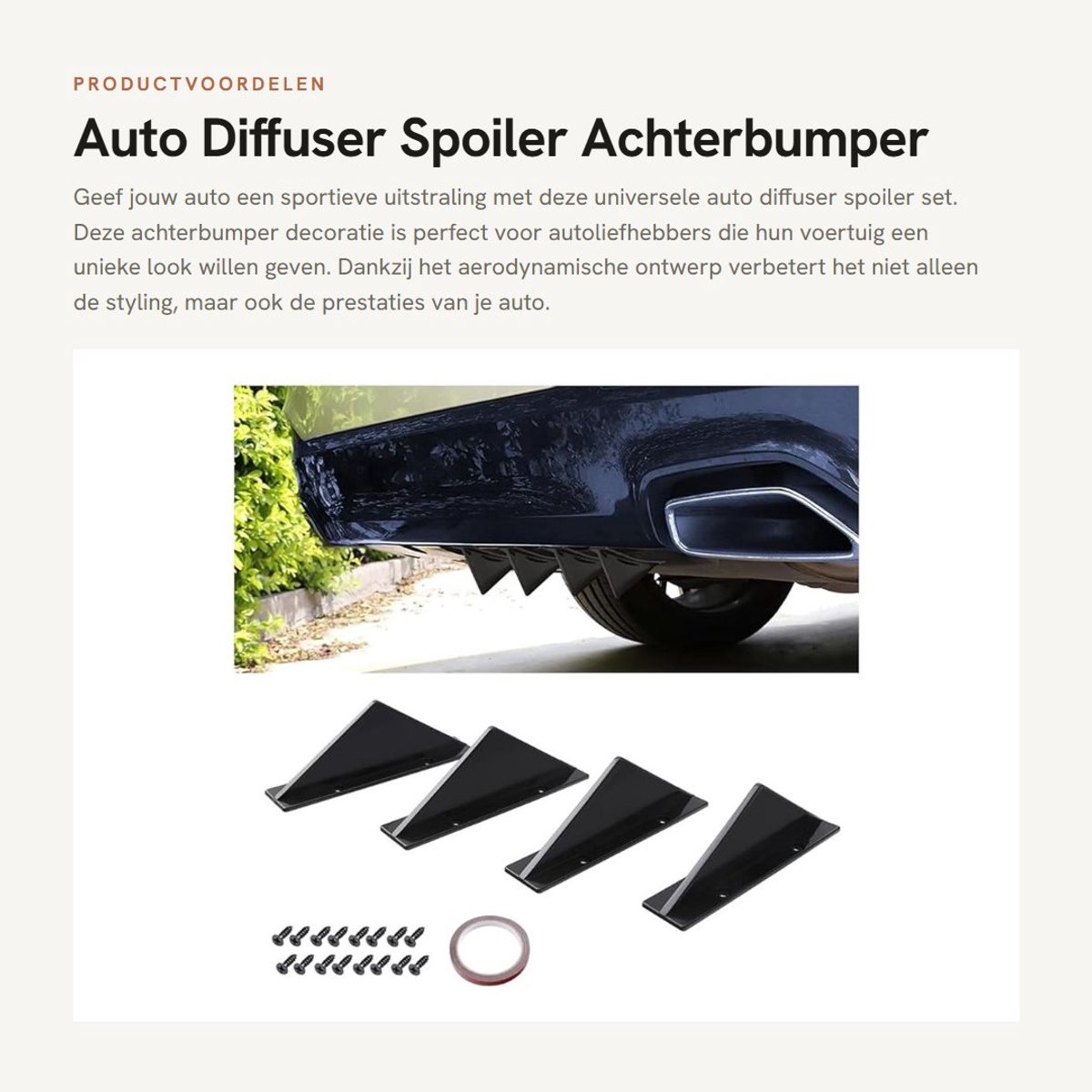 Dailygoods- Diffuser Achterlip Spoiler Set van 4 - Driehoekige Mini Spoiler - Zwart - ABS - 15cm - Sterk Dubbelzijdig Plakband
