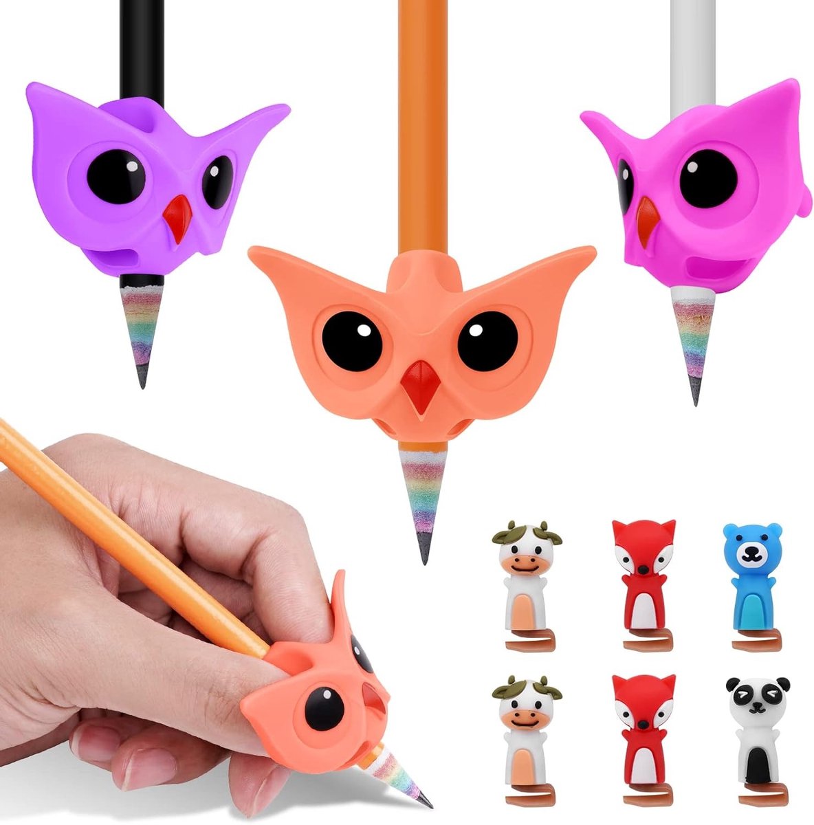 Ergonomische Potloodgrepen voor Kinderen met 6 Cartoon Pen Caps, Schrijfhulp voor Links- en Rechtshandigen, 3 Stuks in Roze