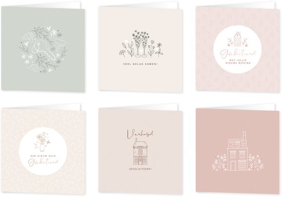 Set van 6 kaarten: een groen met sleutel, twee met champagneglazen, twee met huis en bloemen, een met huisje.