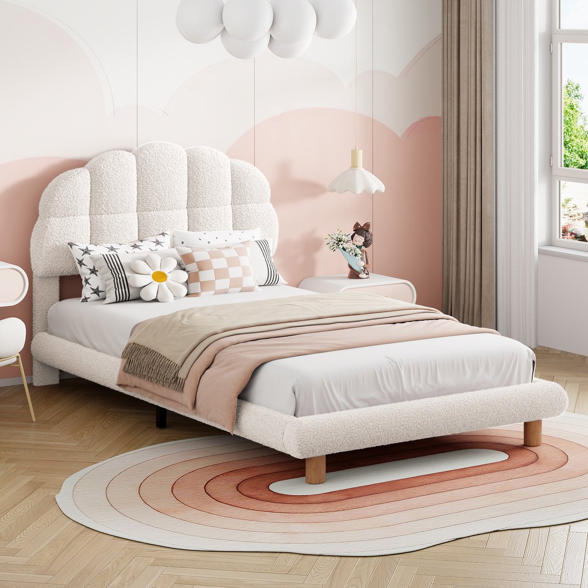 ROSAHQNDA Kinderbedframe (90x200 cm), eenpersoonsbedframe, wolkvormig zacht hoofdbord, pluizig teddyfleece gestoffeerd kinderbed, bedbodem van massief hout, wit tienerbed voor kinderkamer - zonder matras