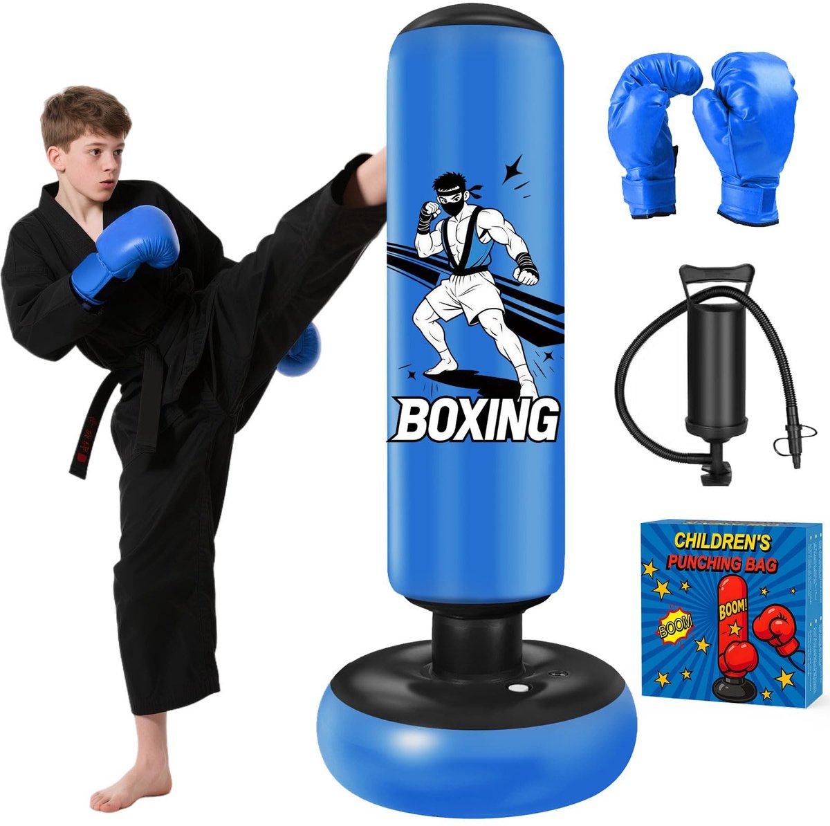 Dailygoods- Bokszak 168 cm - Vrijstaand - Stabiele Boksbal - Met Bokshandschoenen - Professioneel en Duurzaam - Ideaal voor Kinderen 3-14 Jaar - Bokspaal