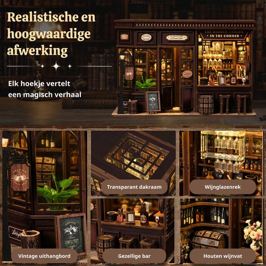Drie close-ups van de Lumann 3D puzzel: een vintage uithangbord, een glazen dakraam en een wijnrek. Tekst: 'Realistisch, Handgemaakt, Transparant dakraam, Wijnglazenrek, Vintage uithangbord, Gezellige bar, Houten wijnvat'
