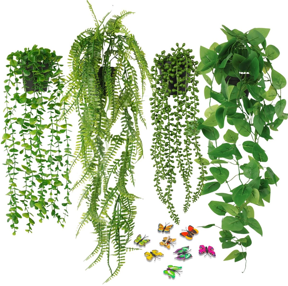 Dailygoods - Kunstmatige hangplant, set van 4 nepplanten met potten, hangende kunstplanten binnen, nepklimop kunstplant voor binnen en buiten, kamer, kantoor, terras, muurdecoratie