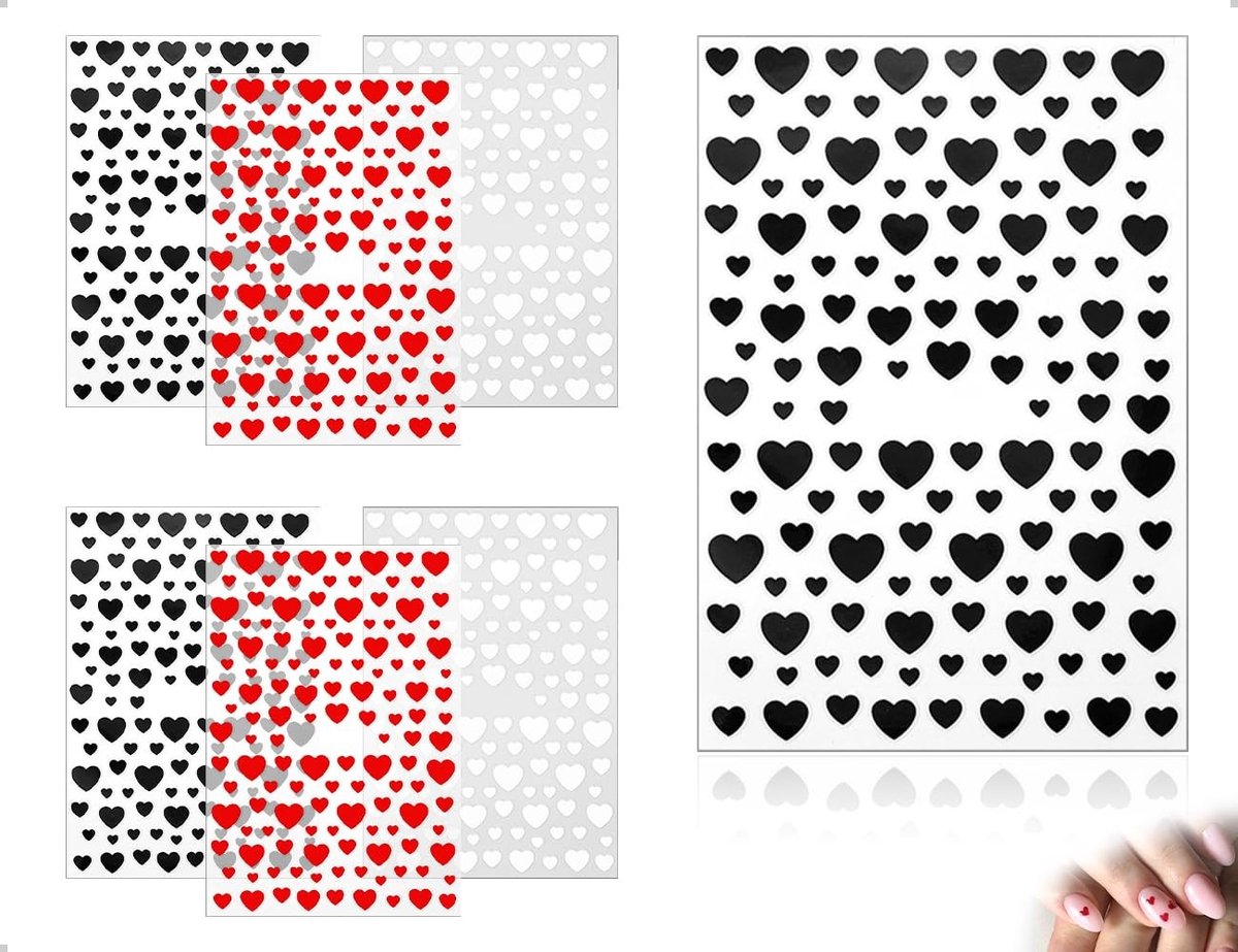 Dailygoods- Nagelstickers Zelfklevend - Hartvormig - Set van 6 Stuks - Zwart/Wit/Rood - Decoratie voor Nagelkunst - Voor Vrouwen en Meisjes - Nail Art