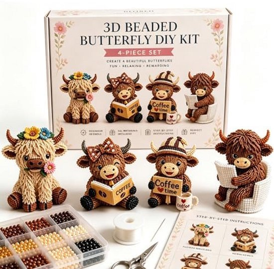 Highland Cow 3D kralen dieren kit, 3D kralen dier DIY kit met 4 schattige ontwerpen, beginnersvriendelijke dierenkit, kleine knutselset voor volwassenen
