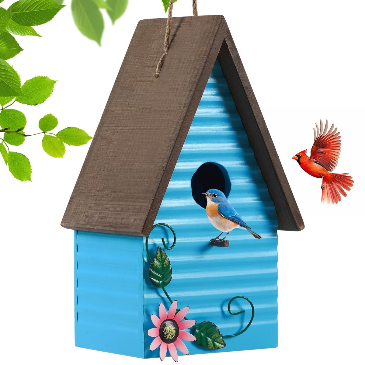 Dailygoods- Vogelhuis Weerbestendig - Nestkast voor Tuinvogels - Handbeschilderd - Antieke Blauwe Patina - 40 mm Instapgat - Decoratieve Tuindecoratie