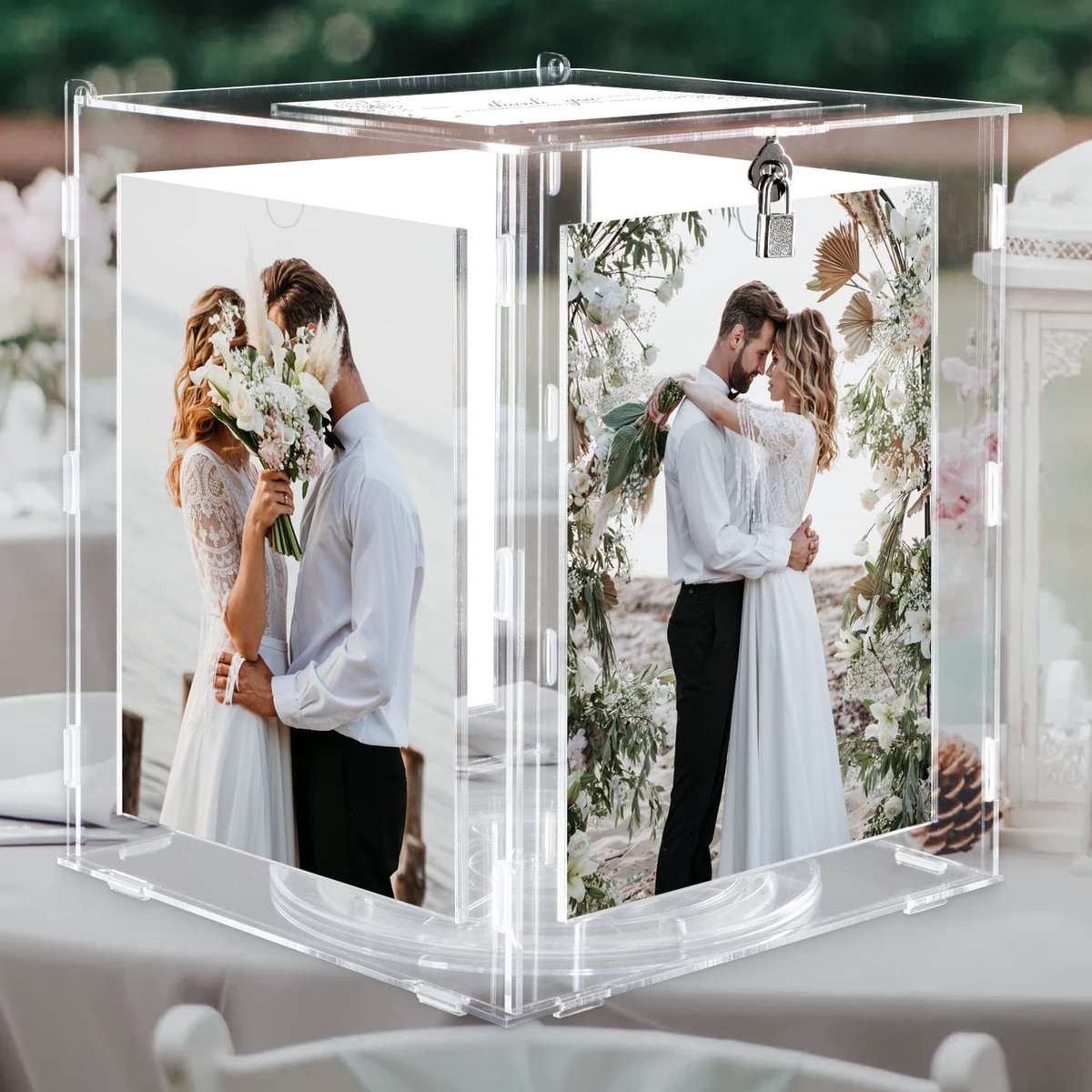 Dailygoods- Acryldoos voor Bruiloftskaarten - Draaibare Brievenbus met Slot - Fotolijst 15x20 cm - Harde Acryl Materialen - Geschikt voor Feestjes - Kaartdoos