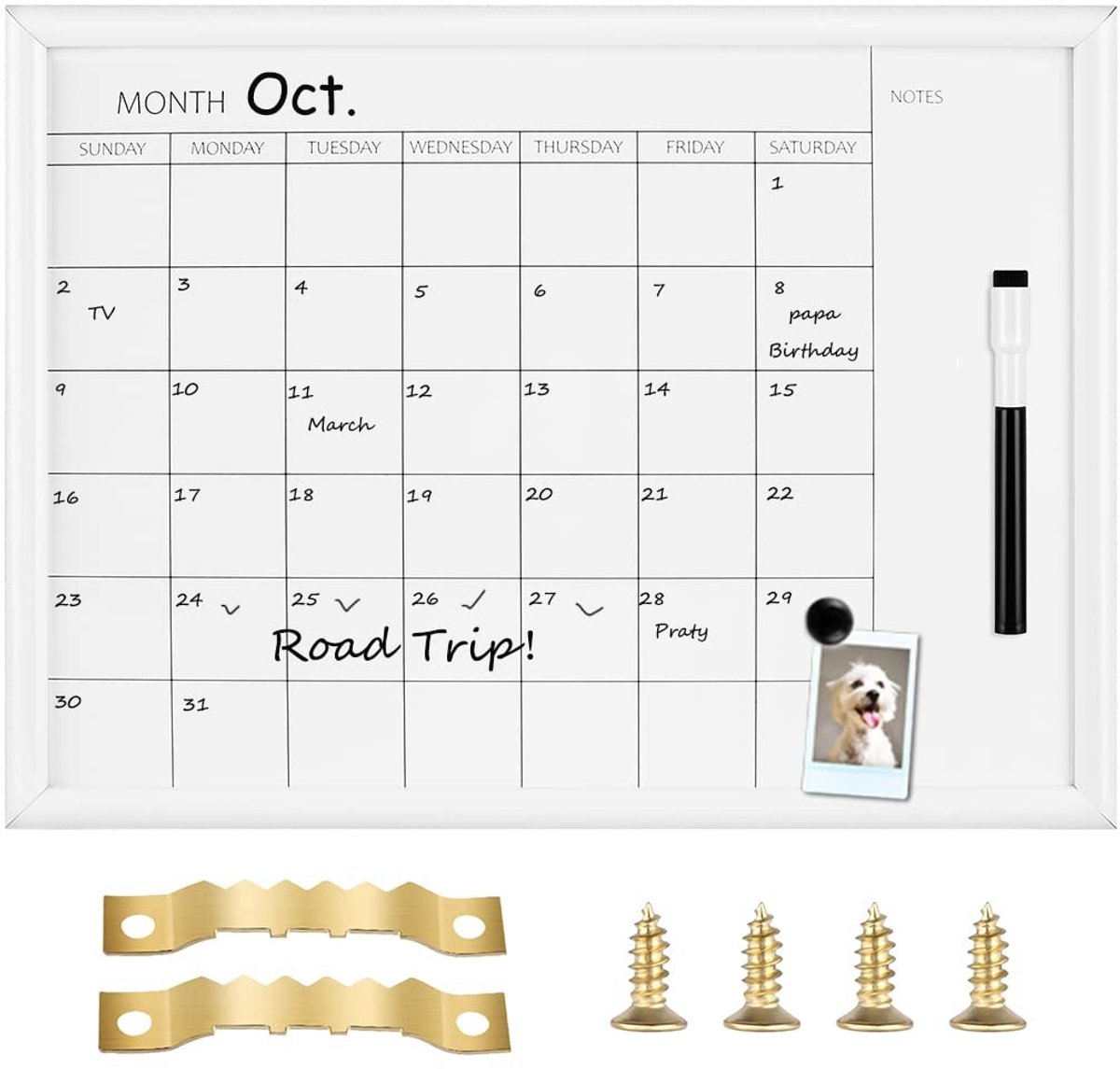 Dailygoods- Whiteboard Klein 40 x 30 cm - Magnetisch - Maandelijkse Planner - Whiteboard Stiften - Whiteboard Wisser - Houten Lijst - Kalenderbord