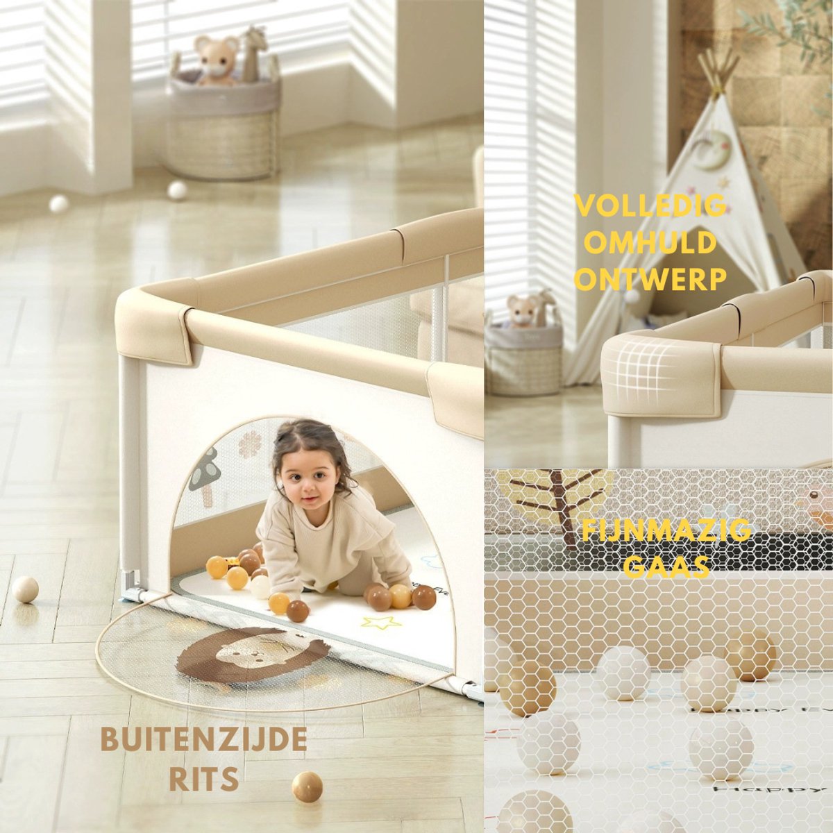 Livista Grondbox Baby - Binnenmaat 120x120cm - Inclusief Kruipmat - Met 60 Speelballen, 4 Trekringen - Kinderbox - Speelbox - Playpen - Met Draagtas - Beige – foto 2