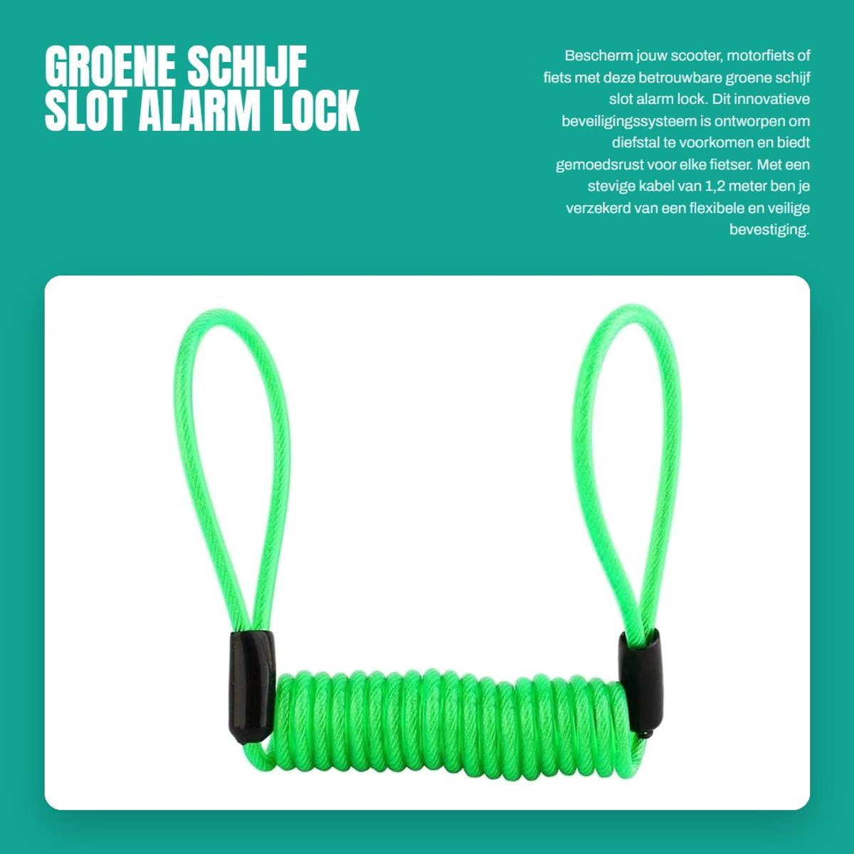 Solidchoice- Remschijfslot met Alarm - Kabelslot 1,2 m - Diefstalbeveiliging - PVC/Legering - Fluorescerend Groen - Buitendiameter 3,5 mm