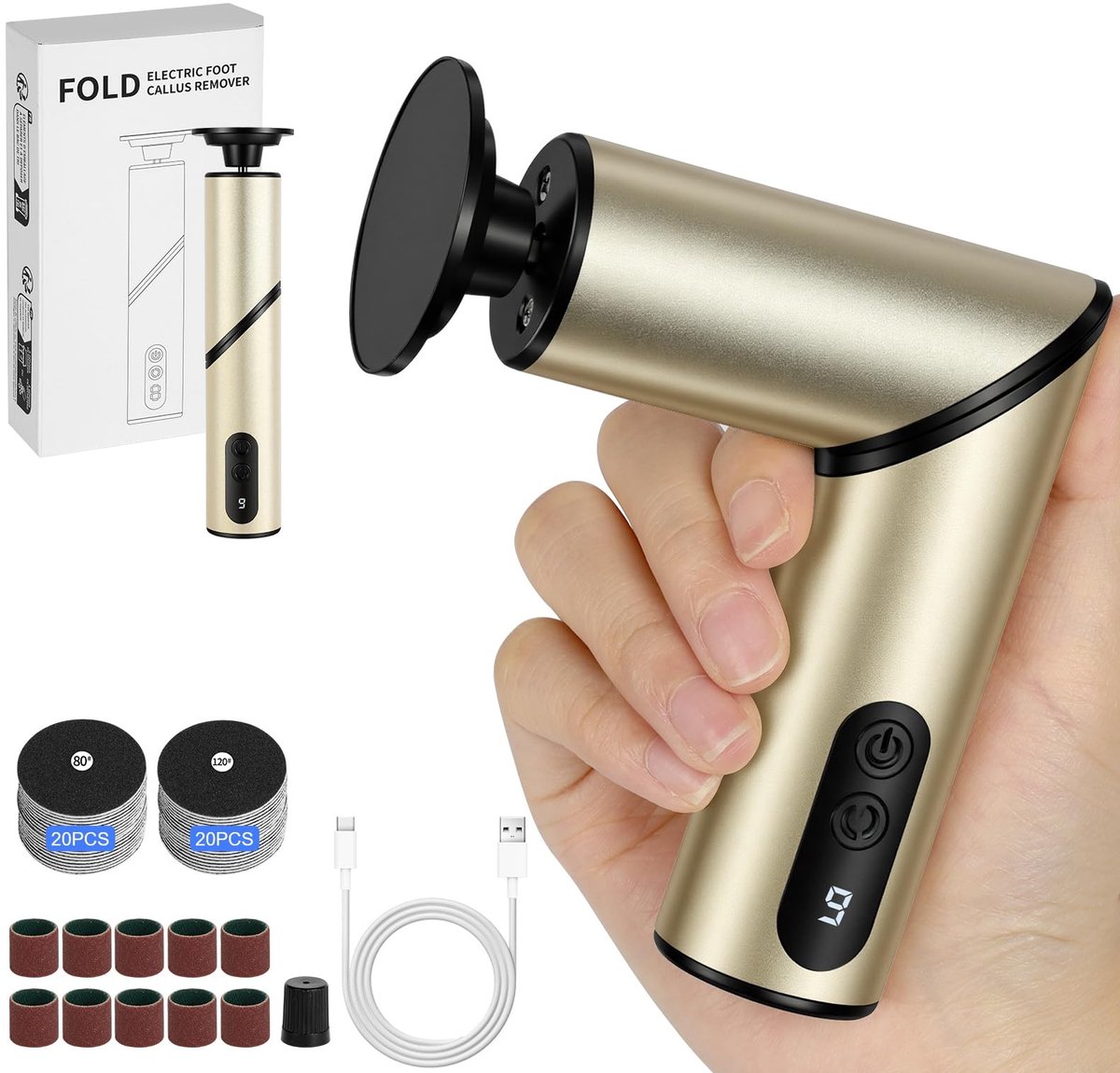Solidchoice - HOTUT Multifunctionele elektrische pedicure, 2-in-1, inklapbaar, professionele elektrische pedicure, 9 snelheden, elektrische eeltvijl met slijpschijven voor gebarsten hielen, eelt (goud)