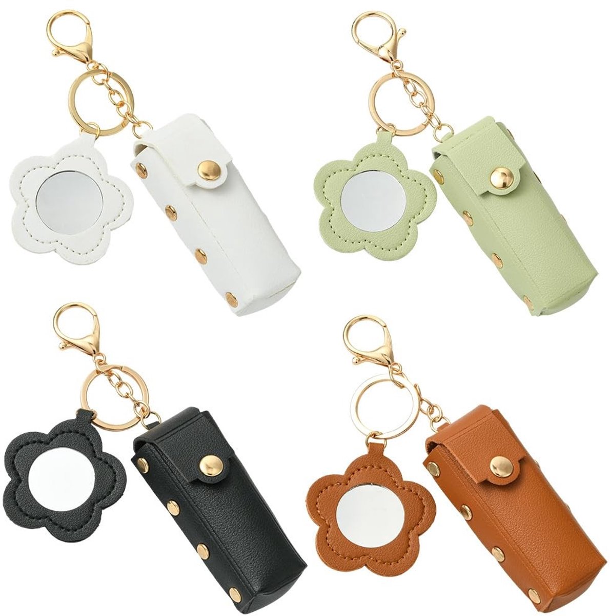 Solidchoice- Sleutelhanger Mini Spiegel - Sleutelhanger Lippenstift - Sleutelhanger Pack - Sleutelhanger Imitatieleer - Sleutelhanger Bloem - Sleutelhanger voor Vrouwen - Sleuteltasje