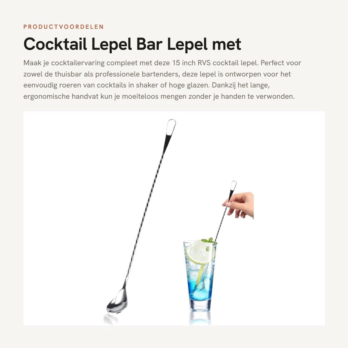 Dailygoods- Cocktail Lepel 38 cm - Barlepel - Roerlepel - Ergonomisch Ontwerp - Antislip - 304 Roestvrij Staal