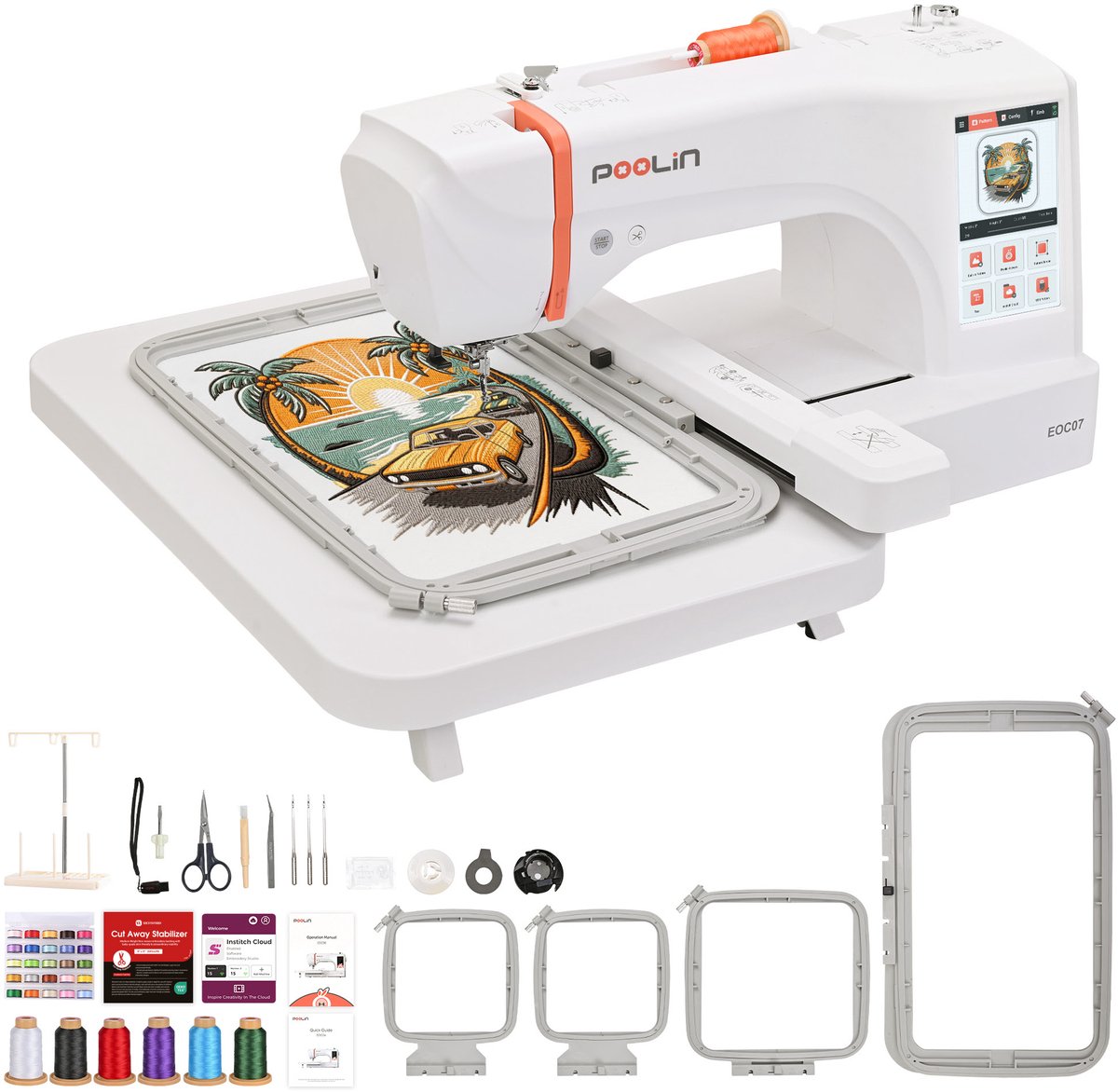 PooLin EOC07 XL computergestuurde borduurmachine, groot frame 20 x 38 cm, HD touchscreen 7 inch, wifi-overdracht, 200 geïntegreerde motieven, 860 pts/min, 4 frames inbegrepen
