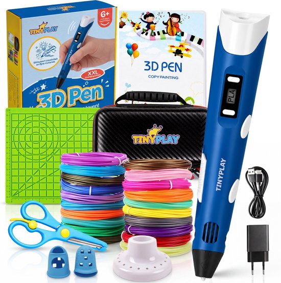 Pack de démarrage TinyPlay 3D Pen XXL avec stylo 3D bleu, étui de rangement bleu, filament 20 couleurs, tapis de dessin et ciseaux. Boîte avec "3D Pen".