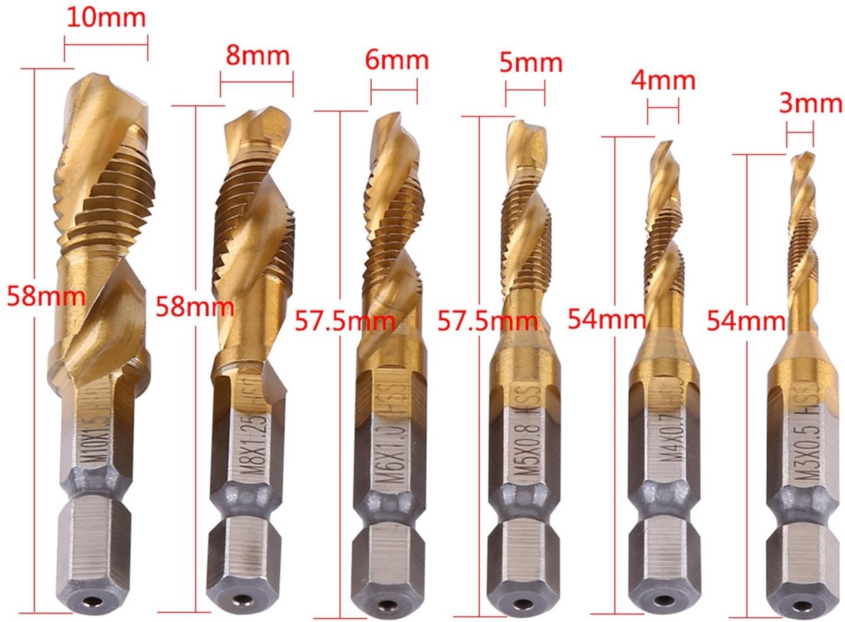 Dailygoods- Boorkraan 6 Stuks - M3/M4/M5/M6/M8/M10 - HSS Boor/Tap Gereedschap - Zeskantschacht - Spiraalvormige Groef - Soepele Tapervaring - Tapset