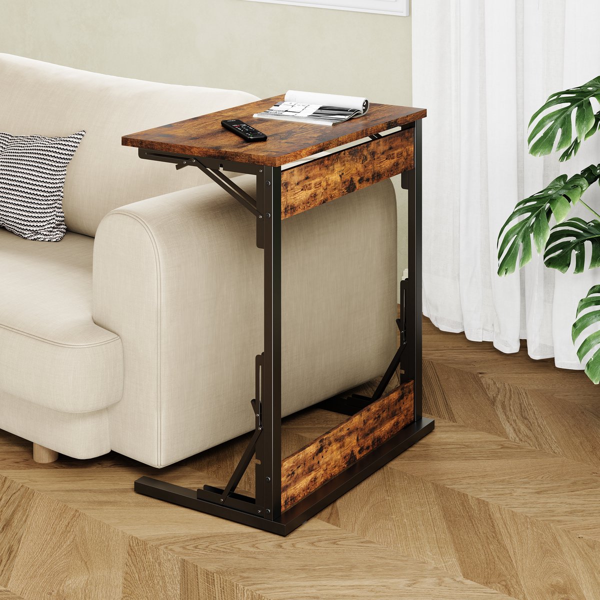DESMIU Bijzettafel - Opklapbaar C Vormig Ontwerp Met Verstelbare Voetjes - Voor Woonkamer Slaapkamer En Thuiswerk - Houtlook - Rustiek Bruin - 60x37x71 Cm Zwart+Bruin；Set Van 2