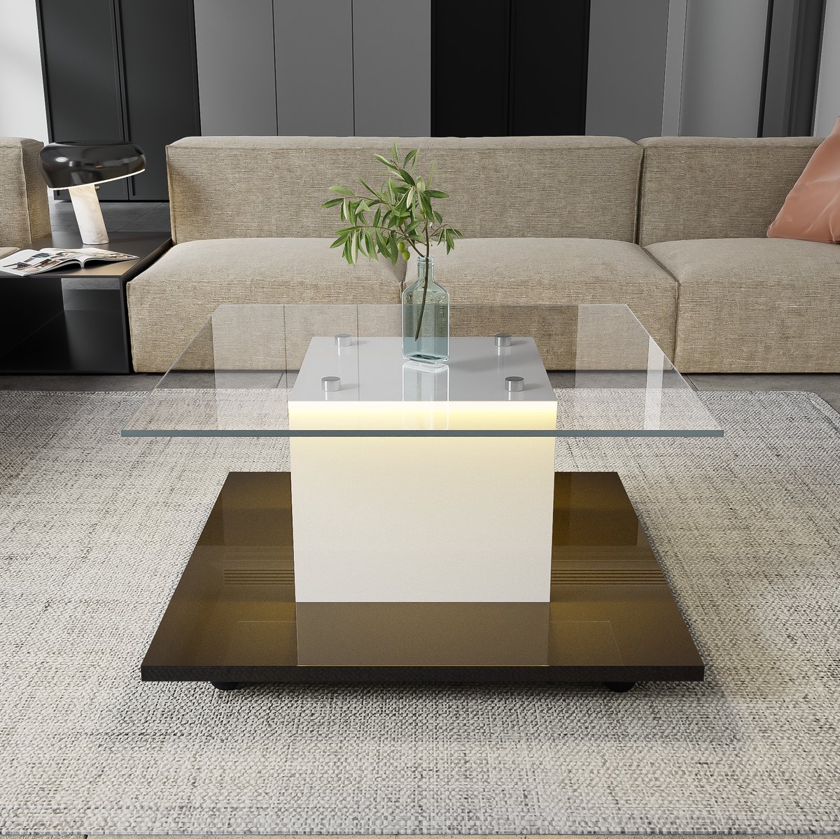 DESMIU Salontafel - Hoogglans Met Ledverlichting En Wielen - Voor Moderne Woonkamer En Interieur - Spaanplaat En Gehard Glas - Wit En Zwart - 80x80x40 Cm