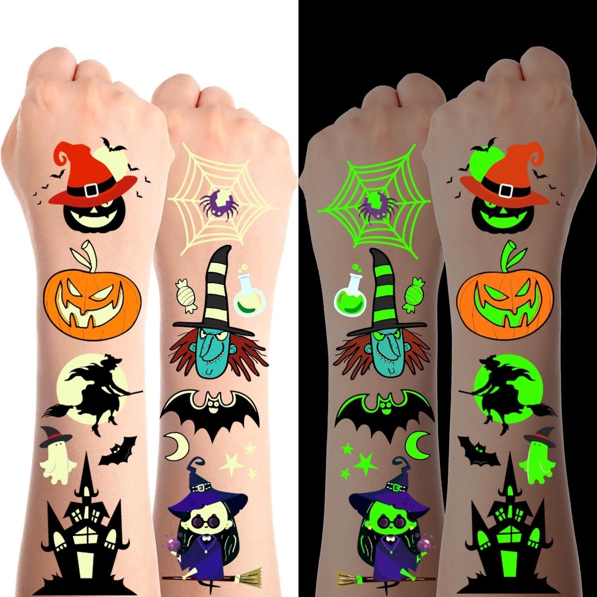 Dailygoods - Tijdelijke Halloween Tatoeages voor Kinderen - 10 Vellen met Lichtgevende Motieven