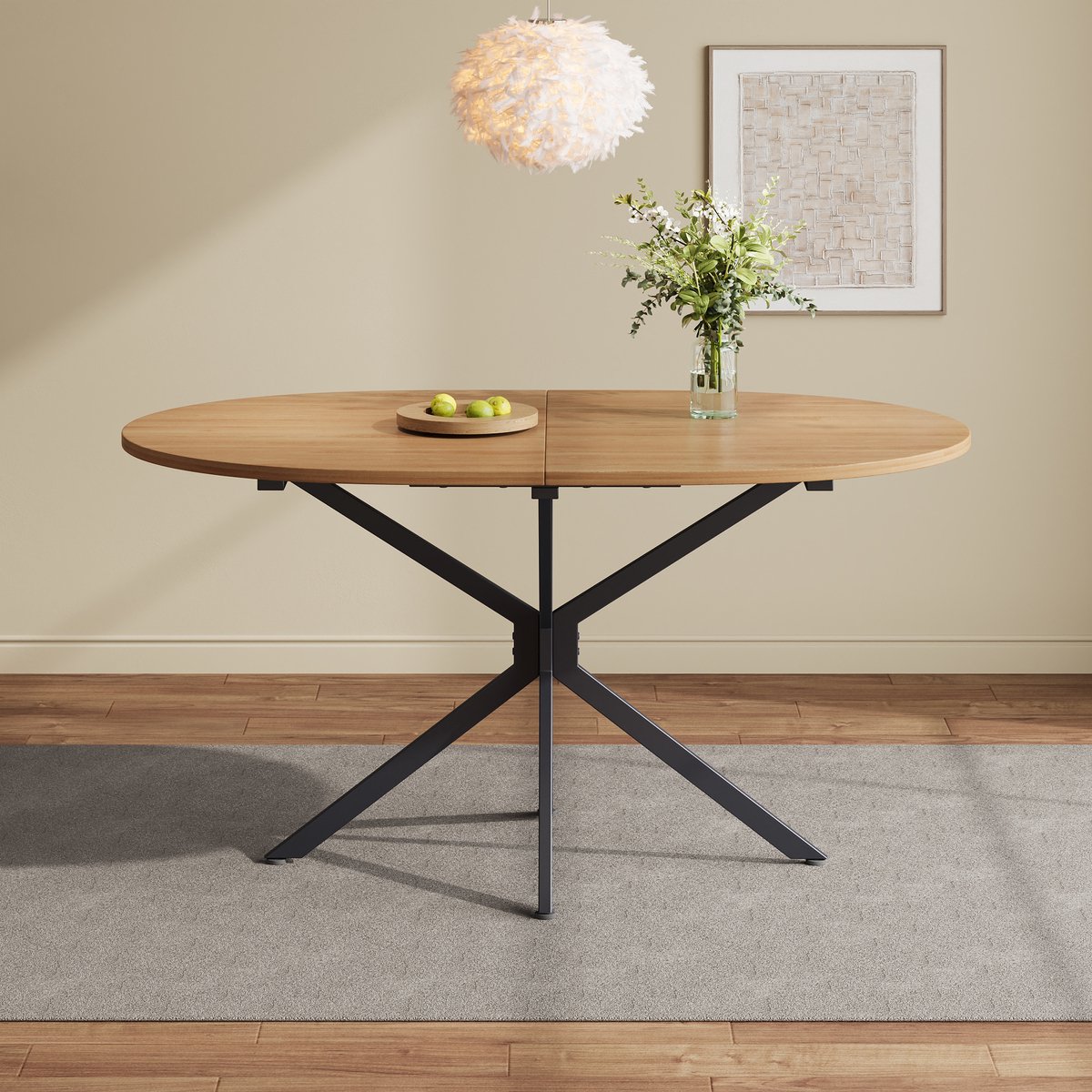 DESMIU Eettafel - Ovaal Modern Design Met Stevige Kruisvormige Poten - Voor 4 Tot 6 Personen - MDF - Natuurlijk - 120 X 80 X 75,5 Cm