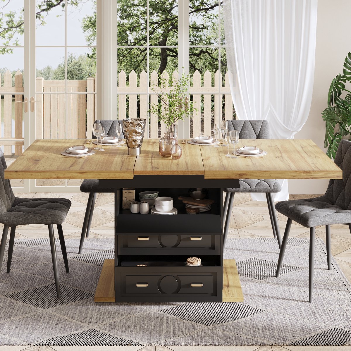DESMIU Eettafel Uitschuifbaar Met Opbergruimte En Lades Voor Keuken Woonkamer En Balkon MDF En Metaal Natuurhout 110x80x75 Cm Natuurlijk