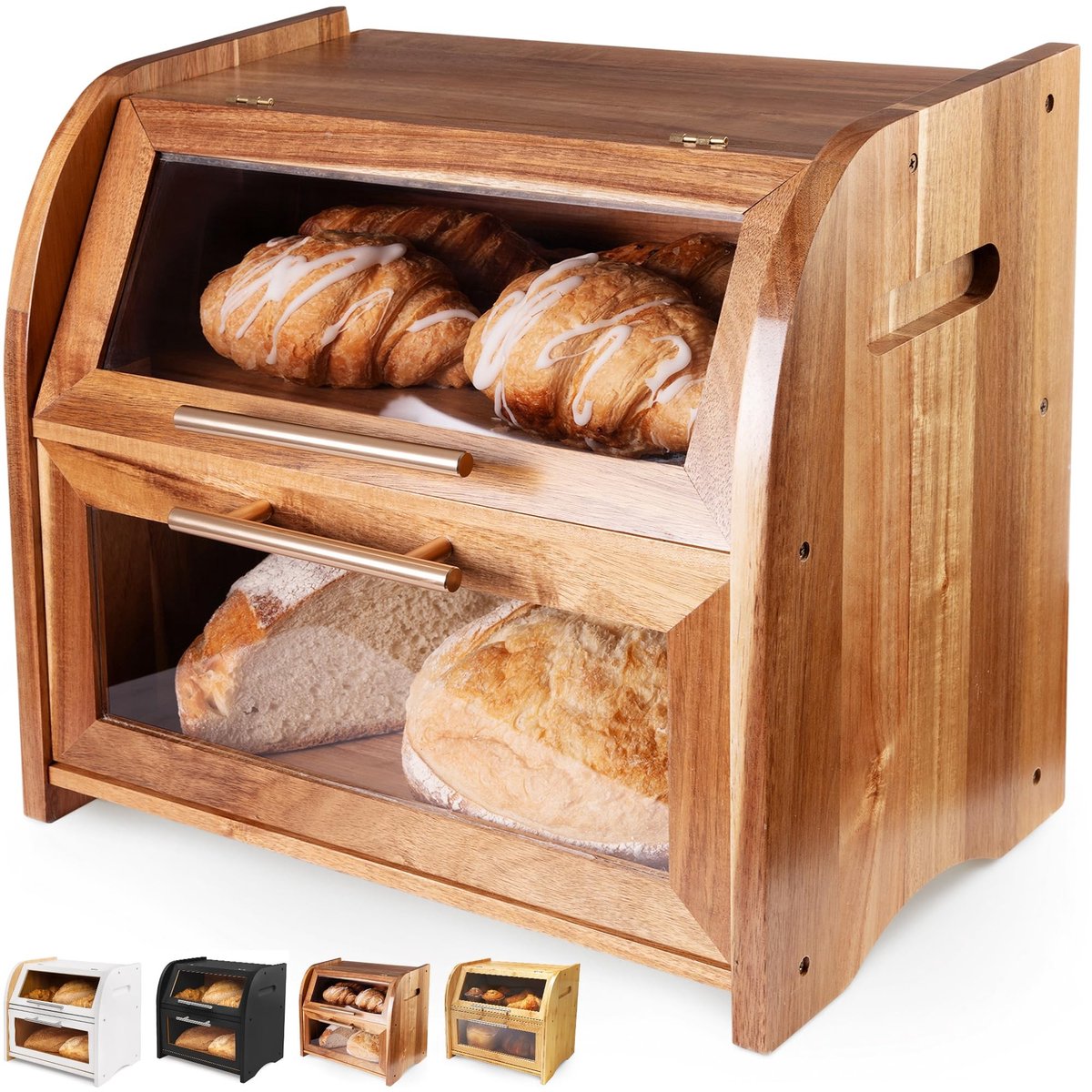 Dailygoods- Broodtrommel grote ventilatie - Houten broodcontainer - 2 planken - Kijkvenster - Acaciahout - 40 x 26 x 37 cm