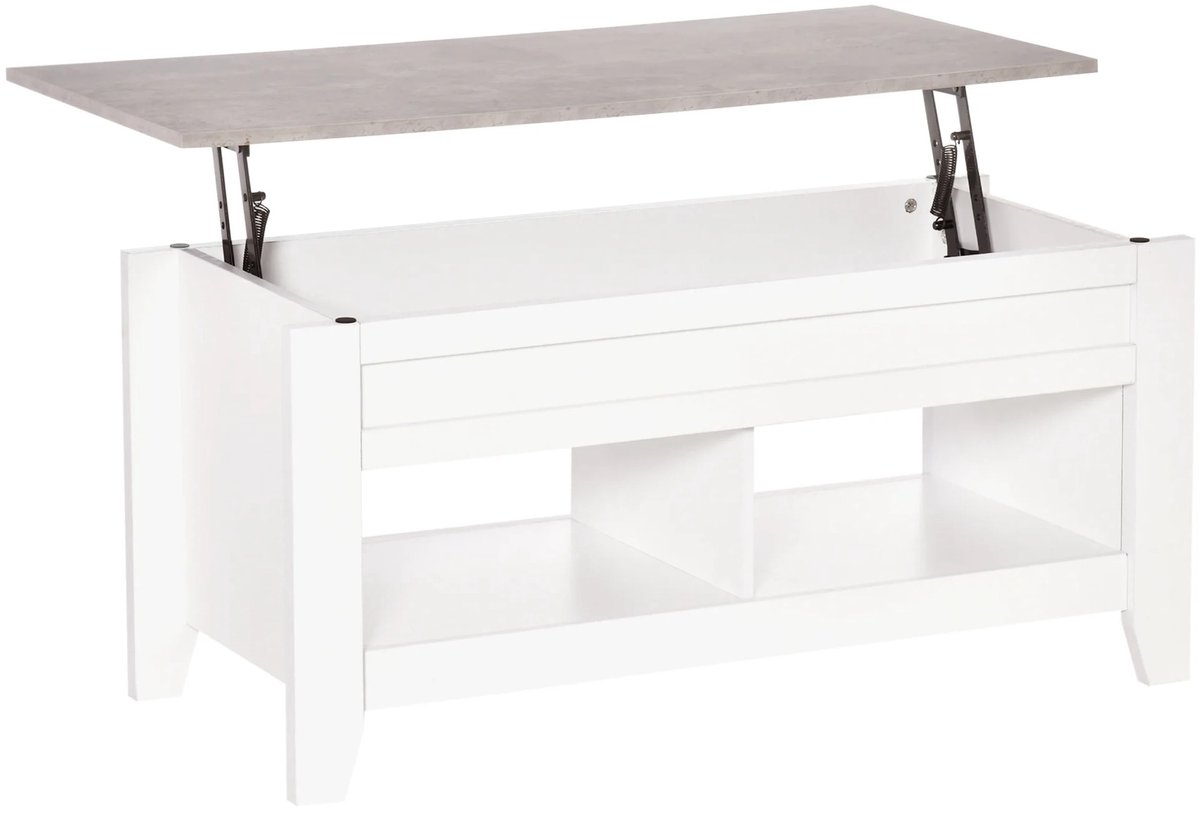 Questyr Salontafel - Hef Tafelblad - Verhoog baar Tafelblad - Wit - Modern - Woonkamer Tafel - 2 Opbergvakken - Praktisch