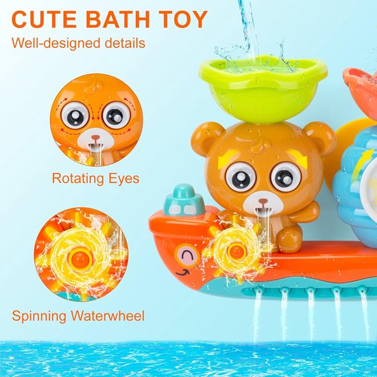 COOAU - Beer Bij Boot Waterval Bad Speelgoed voor Peuters - Zuignap Wandmontage Badkuip Waterspeelgoed met Wateruitloop & Roterend Wiel - Interactieve Sprinkler Douche Zintuiglijk Speelgoed Cadeau voor Baby Jongens Meisjes 1-6 Jaar van Cooau — afbeelding 3