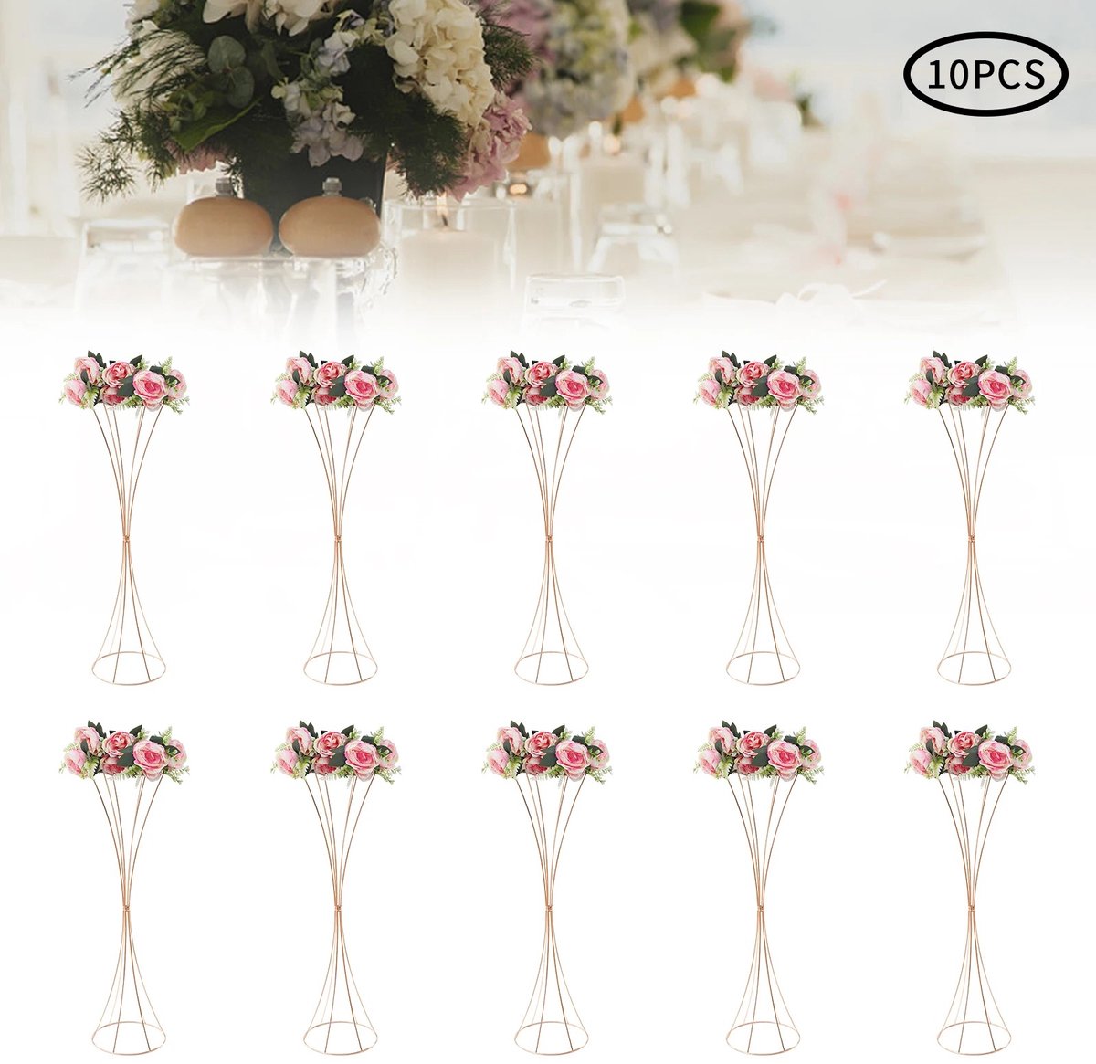 Dailygoods 10 stuks metaal, 80 cm, hoge bloemenvaas voor bruiloften, bloemenstandaard voor op tafel, elegante decoratie