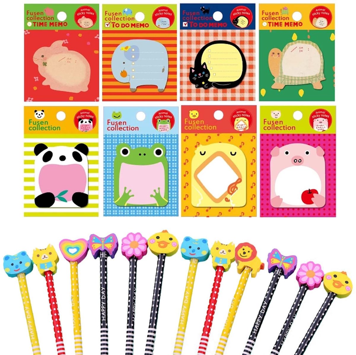 Dailygoods- Plaknotities 24 Stuks - Cartoon Dier Notities - Zelfklevende Memoblokken - Sticky Notes Set - 12 Cartoon Potloden - Hoogwaardige Houtpulp - Notitieblok