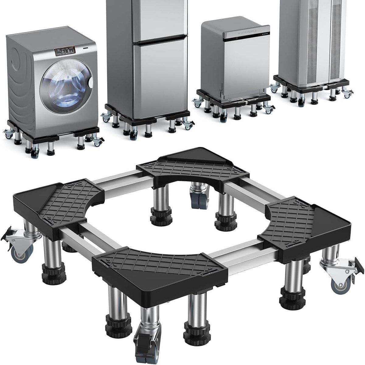 SnelShoppen - Wasmachine basis met 4 wielen en 8 stalen poten - Verstelbare wasmachine standaard - Max. 500 kg - Hoogte 14 cm - Zwart - Duurzaam en ro