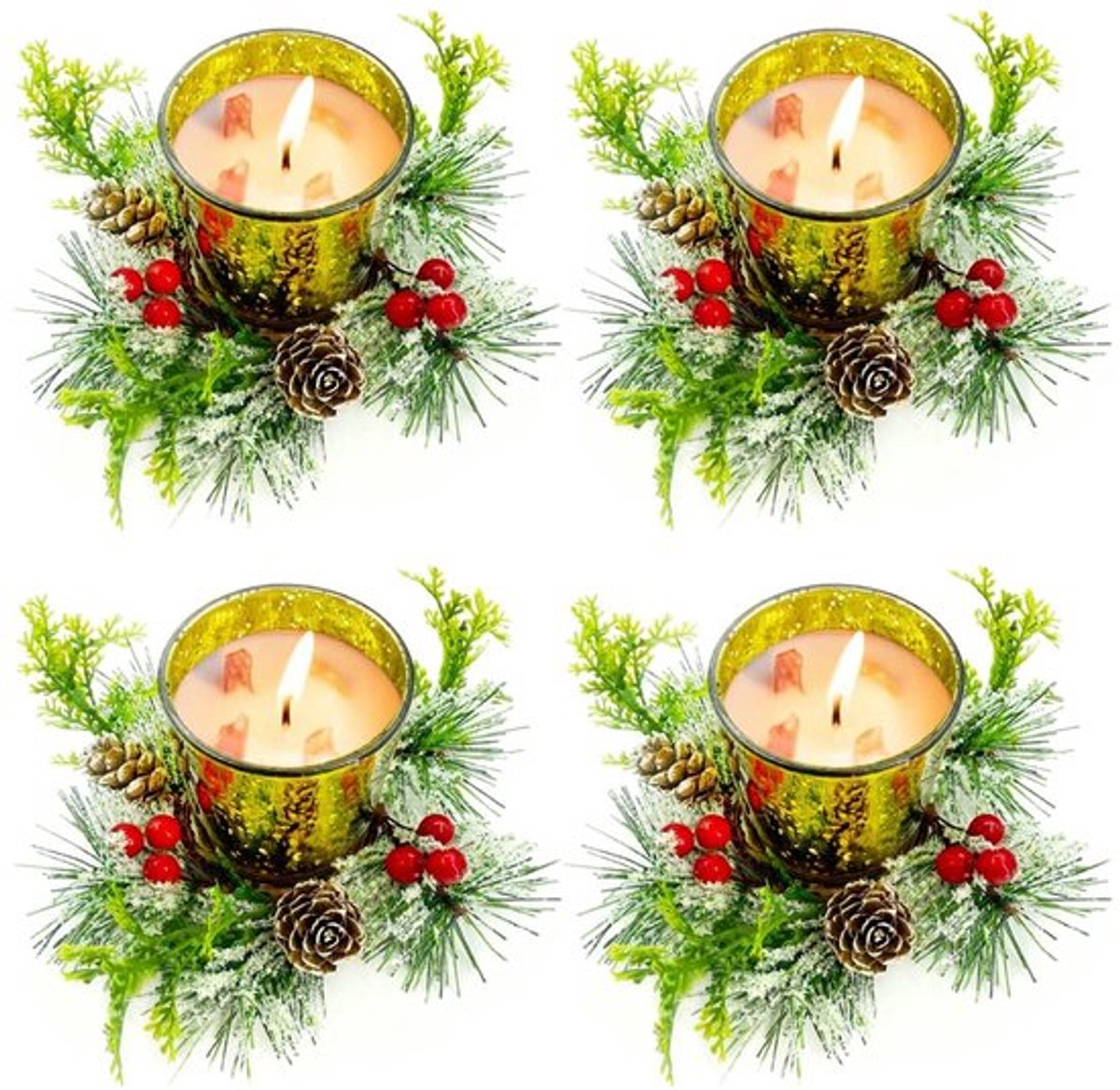 Yuragim Theelichthouder Kerstmis windlicht glas kaarsenhouder set van 4 theelichtglazen theelichtglas kaarsenglazen votiefkaarsenhouder met rode bessen dennenappels voor advent Kerstmis tafeldecoratie