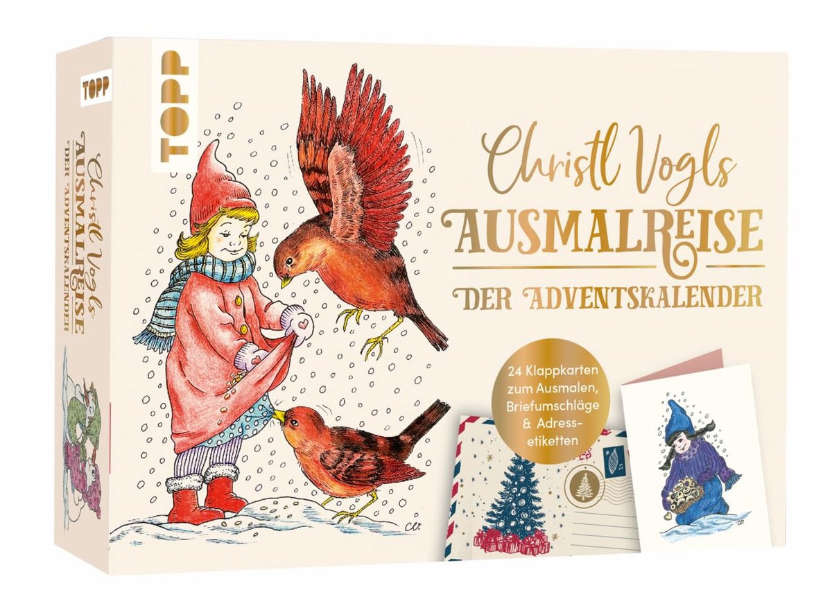 SnelShoppen - Christl Vogls Adventskalender Ausmalen & Dromen - 24 Postkarten, 24 Umschläge, 24 Adressetiketten - Creatief Kleurplezier voor Oud en Jo