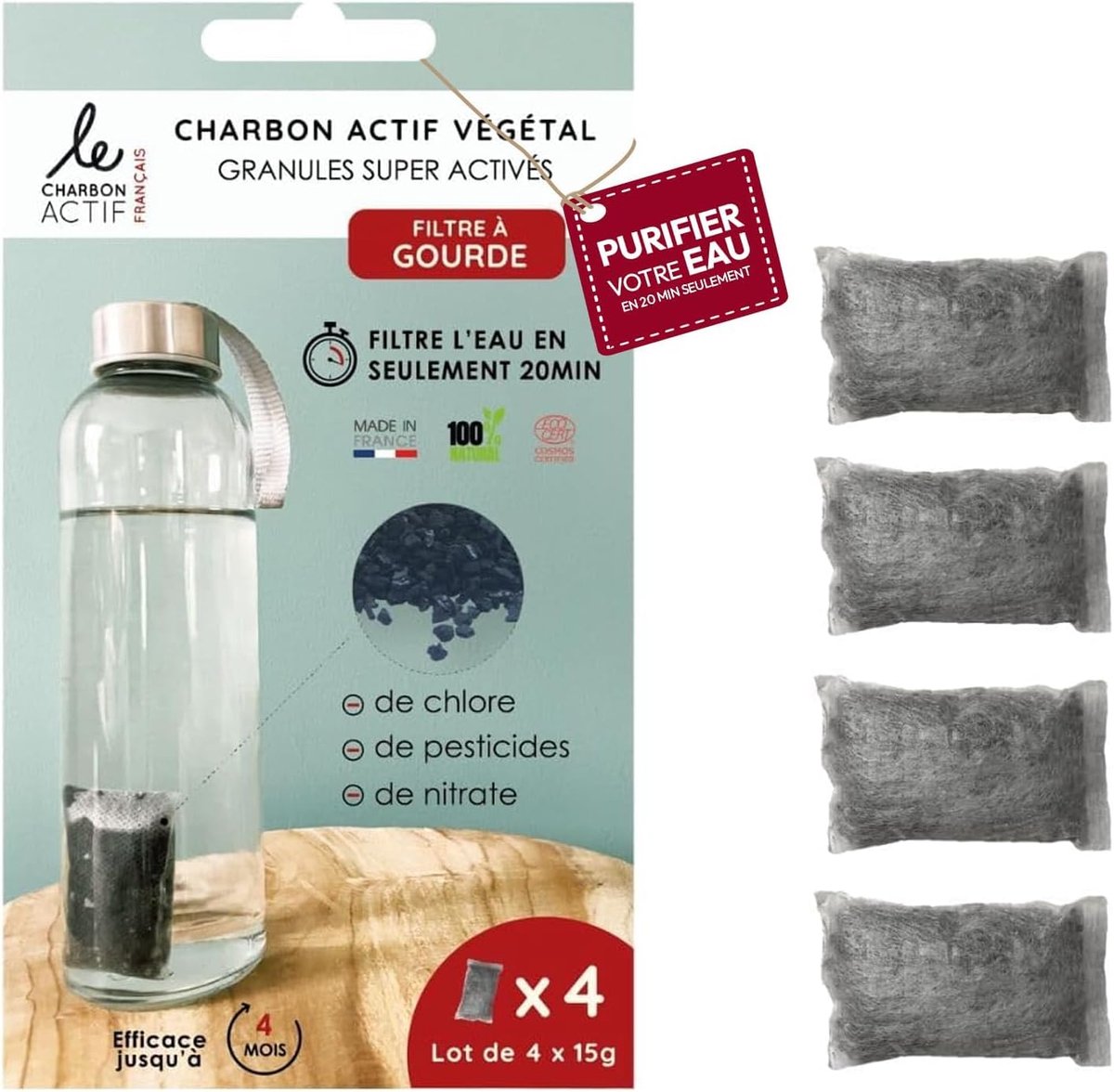 SnelShoppen - 4 Waterfilters Franse Geactiveerde Houtskool, Super Geactiveerde Granules, Snel 20 Minuten, Natuurlijke Waterfilter voor Karaf, Fles, Dr