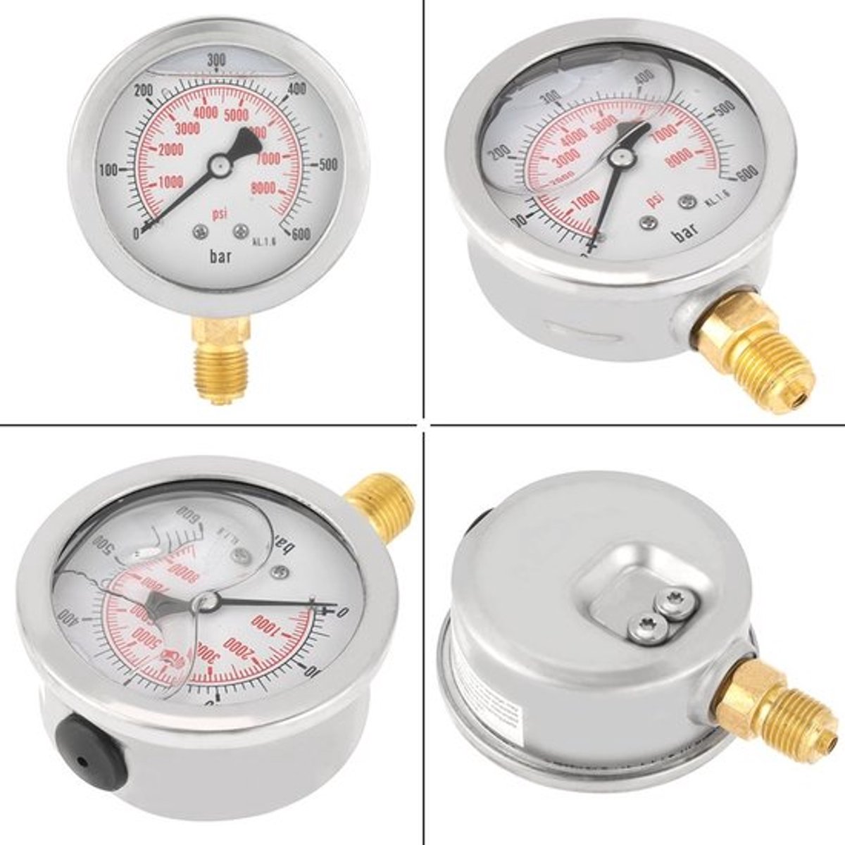 Drukmeter Glycerinegevuld - Dubbele Schaal 0-600 Bar/0-8500 PSI - G1/4" Aansluiting - Diameter 63 mm - Roestvrij Staal - Stabiele Prestaties