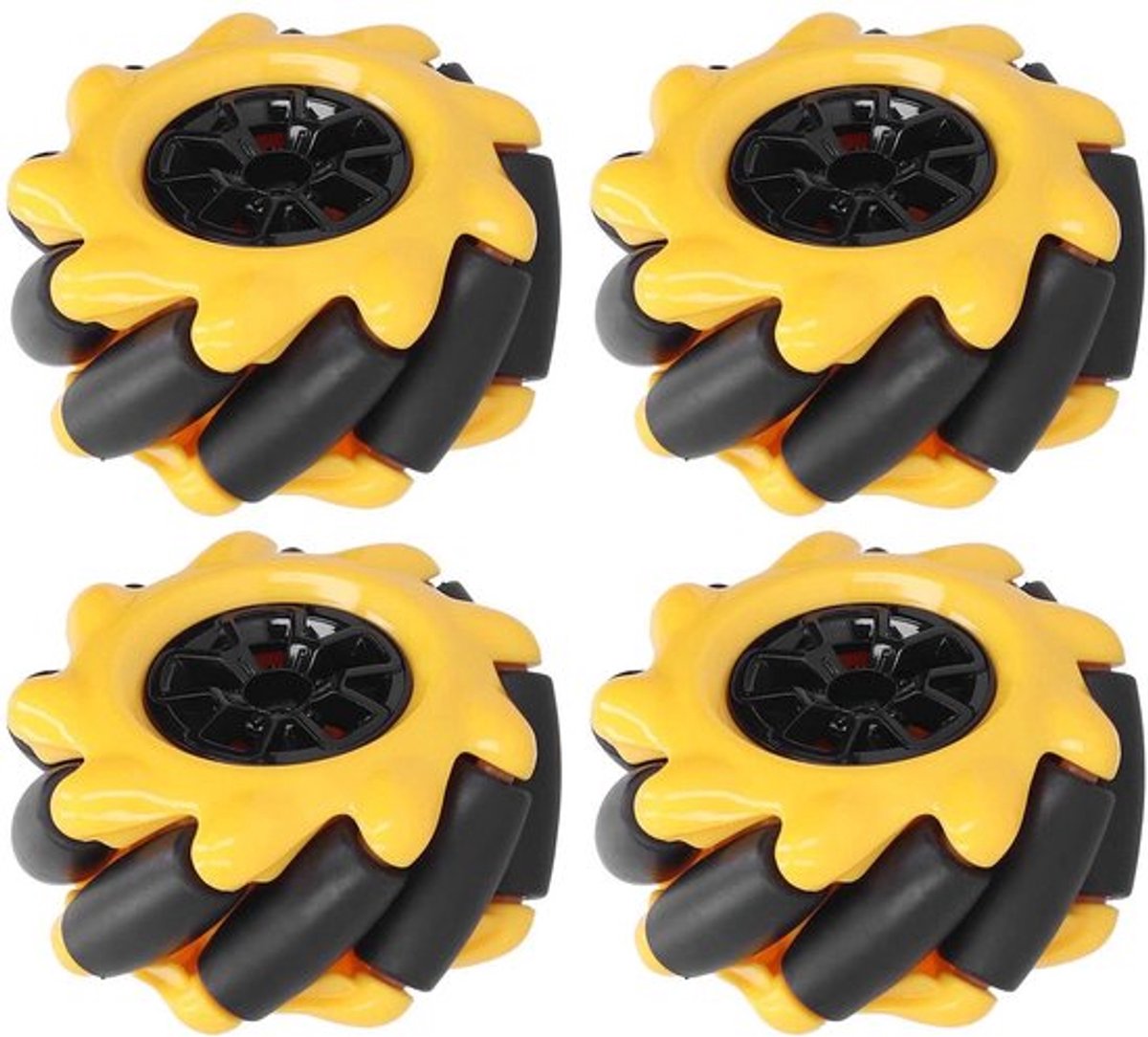 Mecanum Wiel - Omnidirectioneel - Rubber Bekleed - 48mm - 2 Paar - Geel/Zwart - Schokbestendig - Robotwiel