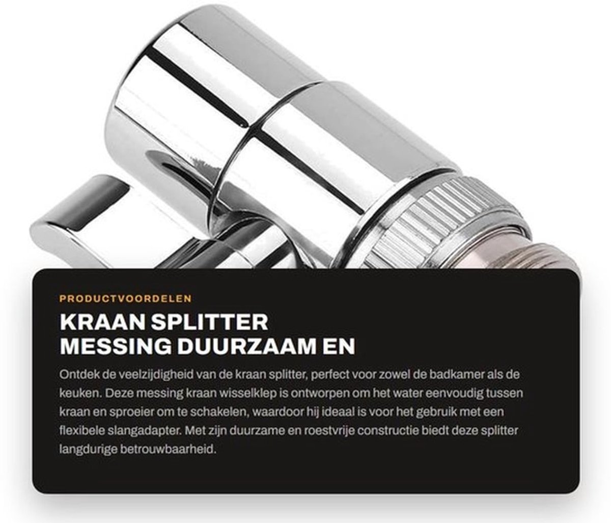 Kraan Splitter - Messing - Duurzaam en Roestvrij - Slangadapter - Geschikt voor Badkamer en Keuken - Wisselklep voor Wateromleiding