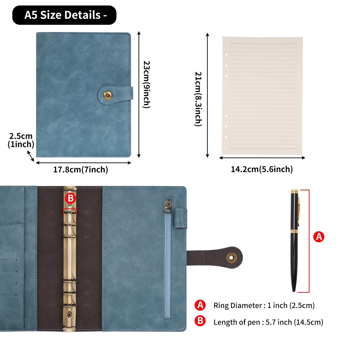 SnelShoppen - Ringband Reisdagboek Notitieboek A5 Lichtblauw Gelinieerd Papier Hervulbaar Lederen Organizer met Pen voor Kantoor School en Zakelijke P