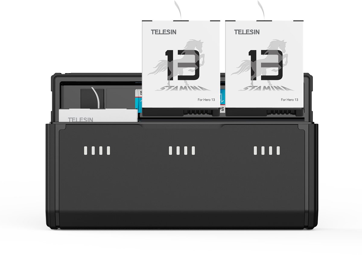 Telesin Pocket Triple Oplaadcase met 2 batterijen - voor GoPro 13 - Eenvoudig mee te nemen - Case geschikt voor 3 batterijen - Met LED indicatie - Zwart