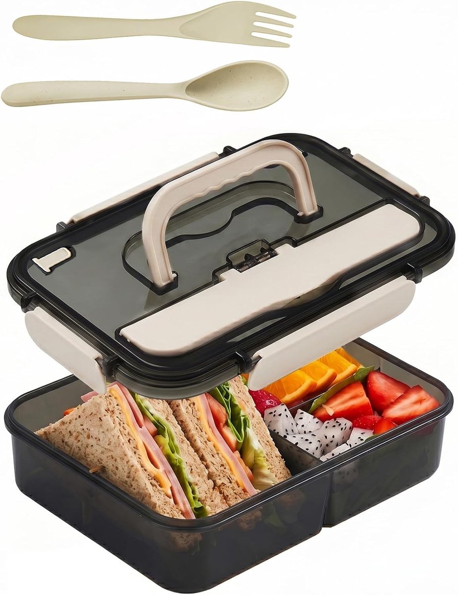 VHV - Lunchbox 1500 ml - Bento Box met 3 Vakken, Bestek en Handgreep - Magnetron- en Vaatwasserbestendig - Zwart