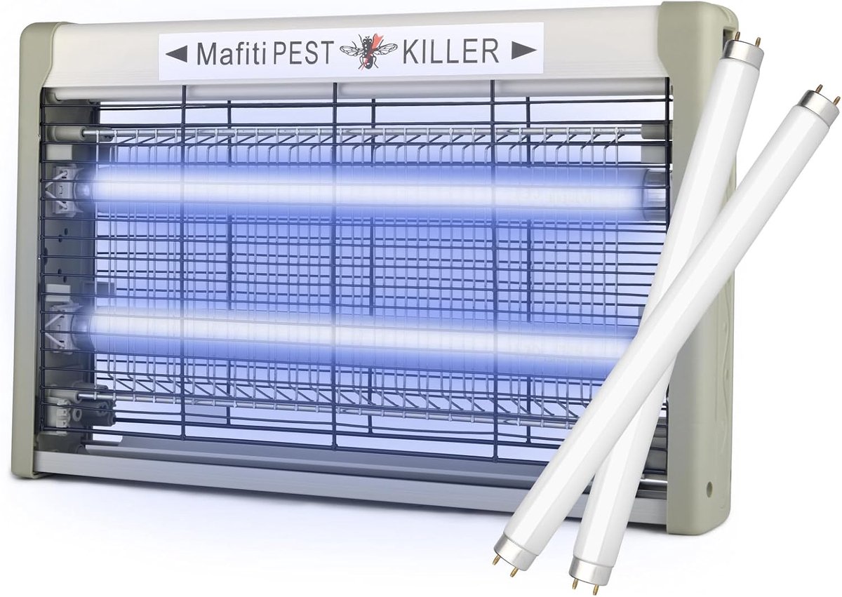 SnelShoppen - Mafiti 1200 V UV Vliegenval 20 W voor Huishoudens en Commerciële Gebruiken, 2 UV-lampen, Grijs, Effectieve Vliegenbestrijding voor Tuin