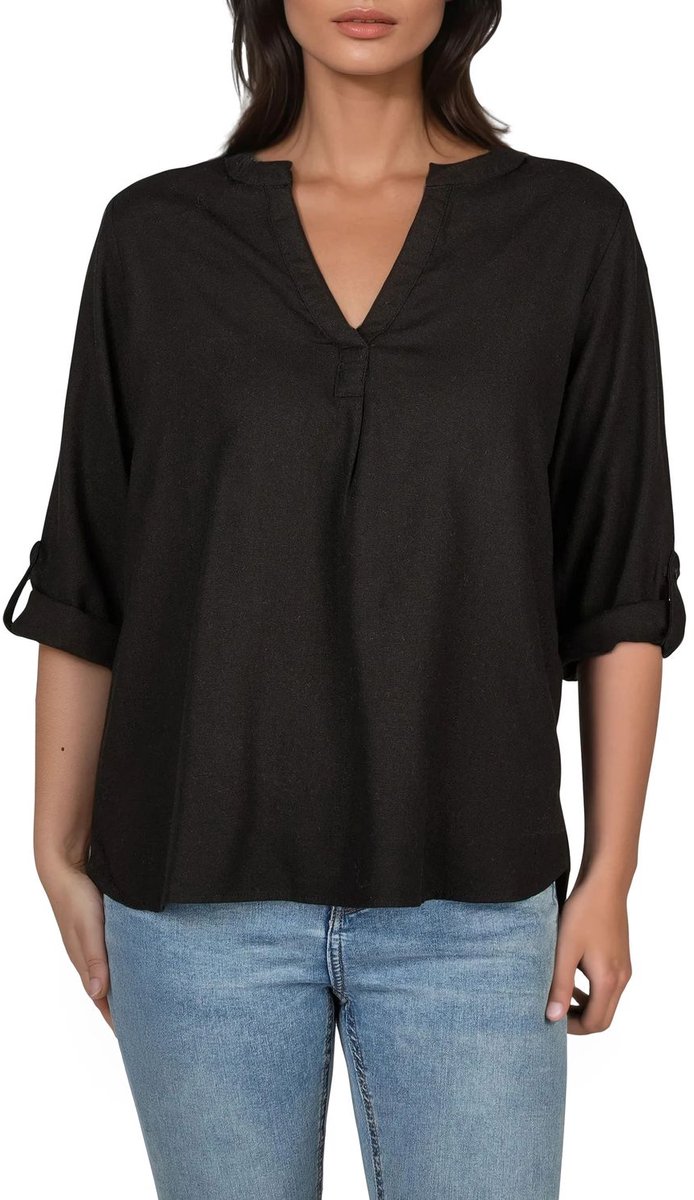 DENIMFY Dames Blouse DFSara regular fit Zwart L V Hals Volwassenen Linnen blouse - Zomerse blouse