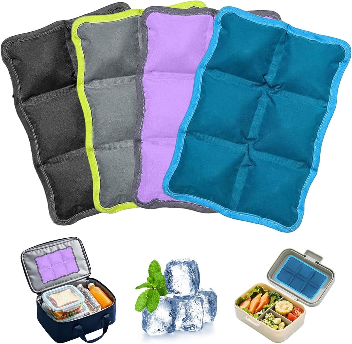 Pack van 4 herbruikbare koeltassen met lange koeltijd, ideaal voor school en kantoor, inclusief koelelementen