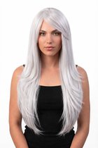 KIMU® Luxe Lange Wit Grijze Pruik Met Schuine Pony - Zeemeermin Halloween