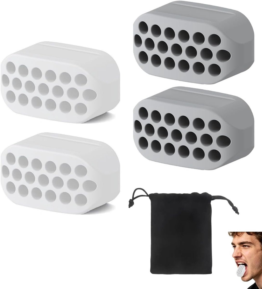Kaaktrainer set van 4 (2 grijs, 2 wit) met zwarte tas voor kaaklijn definitie, spierversterking en nektraining, uniseks en effectief voor thuisgebruik.