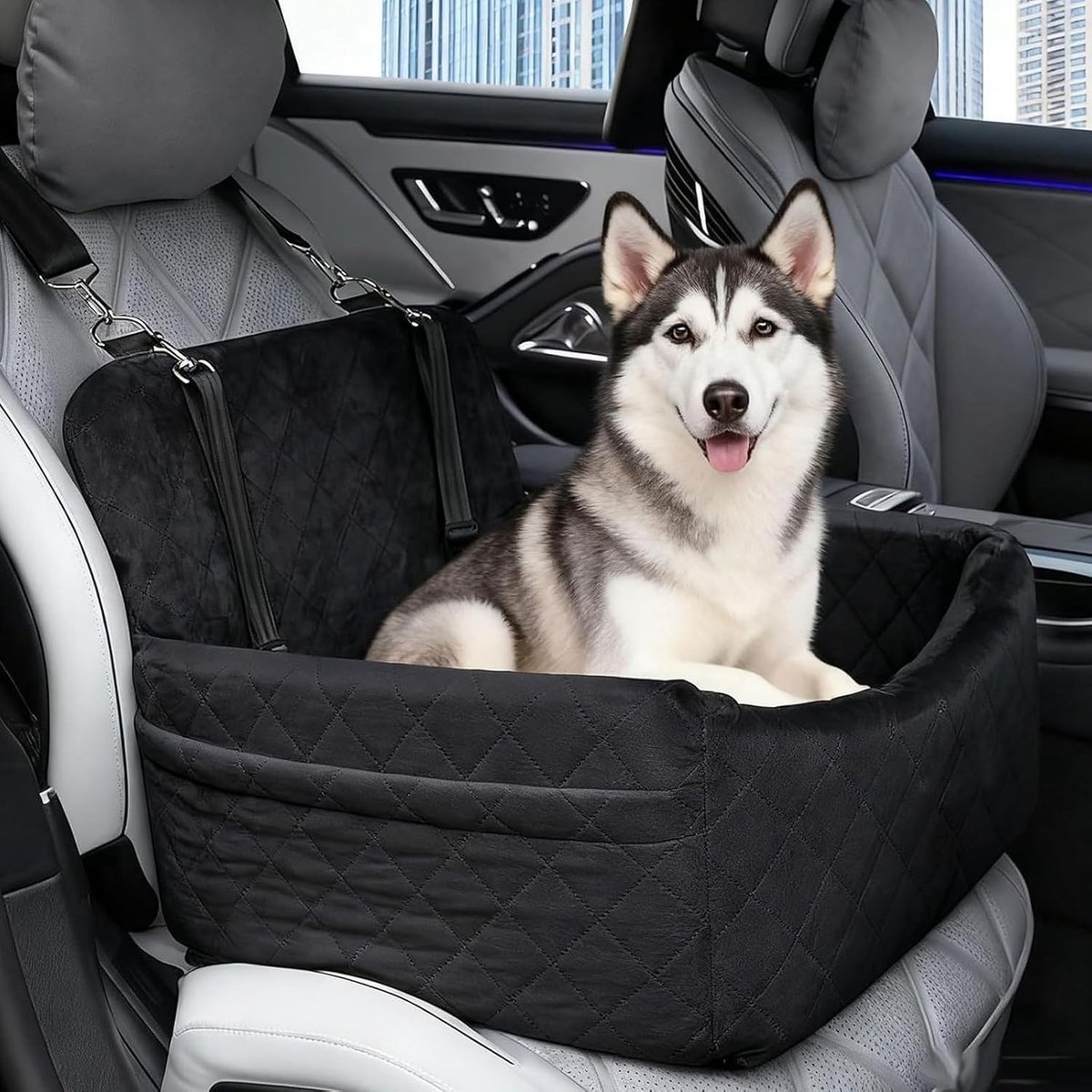 Hondenautostoeltje voor kleine tot middelgrote honden tot 15 kg | Verwijderbaar en wasbaar met 2 veiligheidsgordels, hondenzitverhoger en hondenbed (zwart)