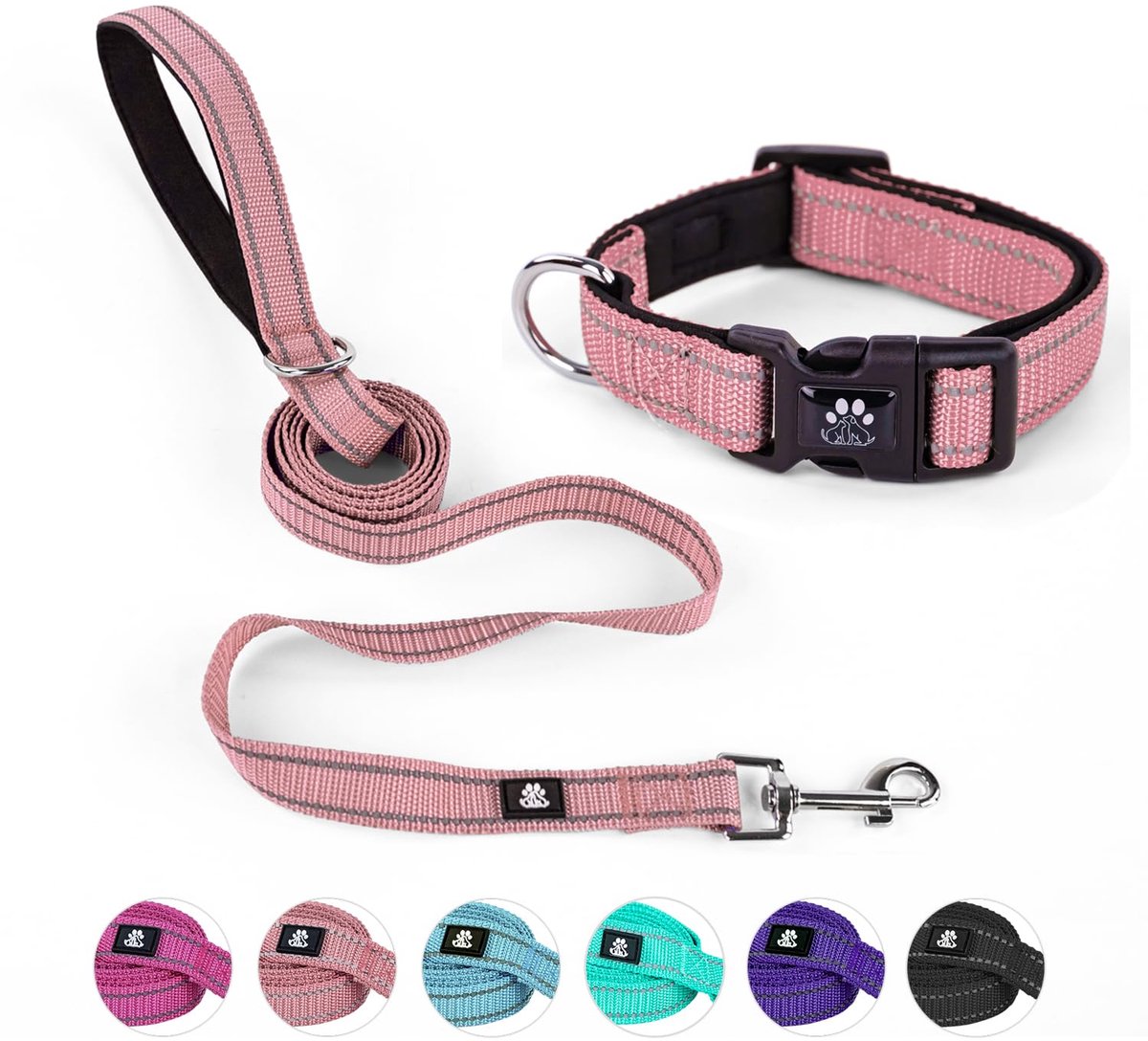 SnelShoppen - Reflecterende hondenhalsband en riem set voor kleine honden, zacht neopreen gevoerd, verstelbare nylon halsband met snelsluitgesp, roze,